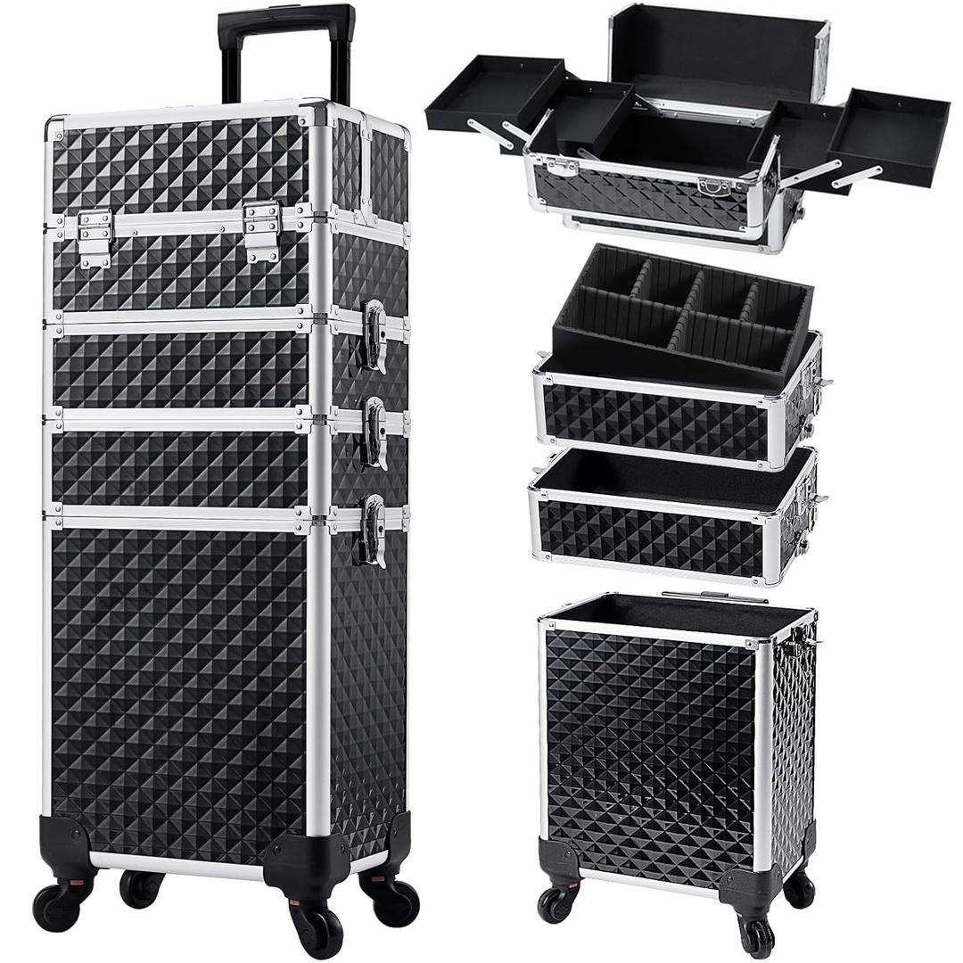 Stagiant Rolling Makeup Case Cosmetology Case on Wheels 4 in 1 Large Cosmetic Organizer Train Case Makeup Travel Case with Key Swivel Wheels Nail Artist Salon Storage Traveling Cart Trunk Black