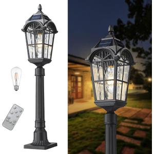 Solar Outdoor Post Light with Remote, Dusk to Dawn Solar Panels Waterproof Exterior Pole Lamp with Pier Mount Base Water Ripple Glass Auto On/Off Pathway Lighting for Garden Walkway Street