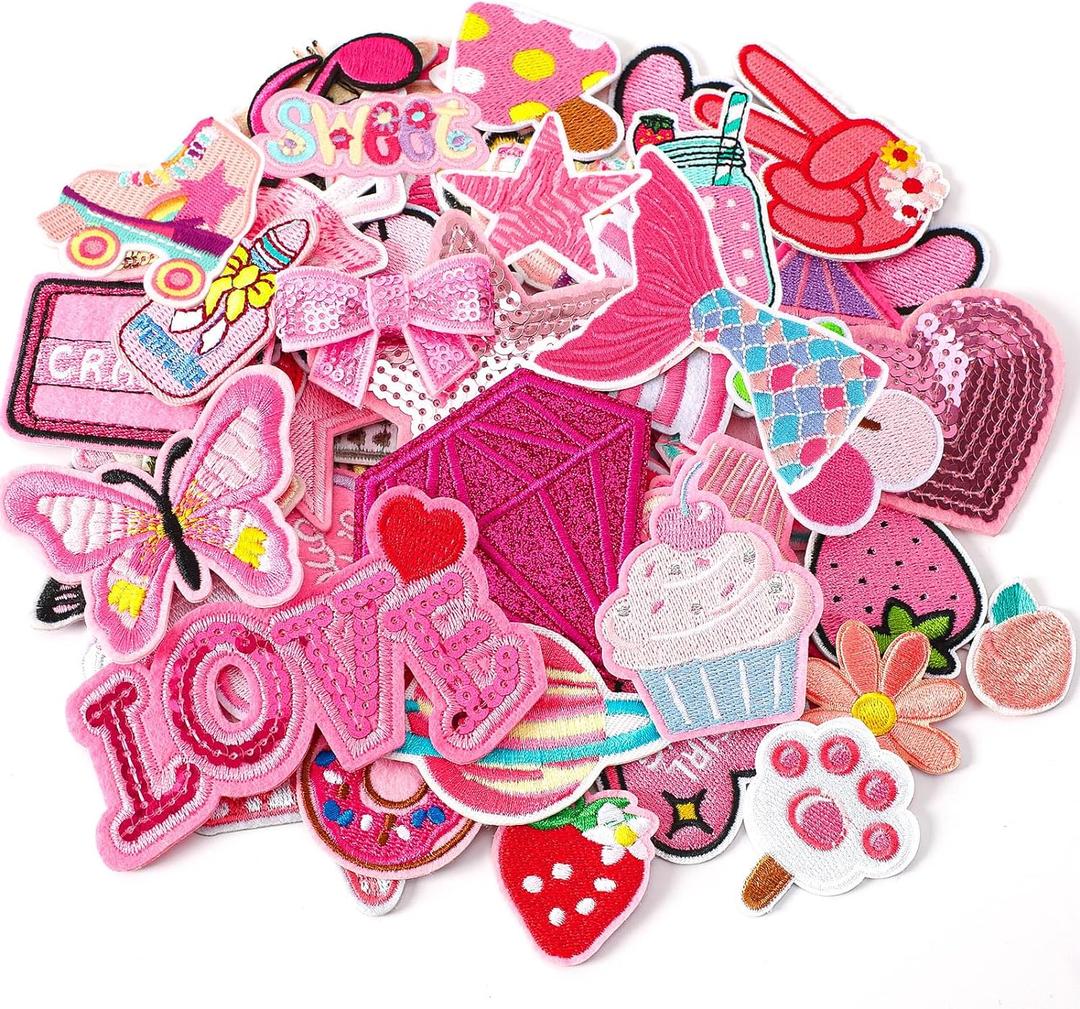 60pcs Pink Embroidered Patches Random Assorted Styles Pink Theme Iron on Patches for Girls Western Cowgirl DIY Sew Applique Repair Patch Cute Preppy Sew on Patches for Backpacks Pants Clothes Jeans