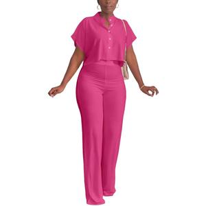 HBQ Women's Summer 2 Piece Outfits Casual Tracksuit Short Sleeve Button Down Crop Top Wide Leg Long Pant Lounge Sets (XX-Large)
