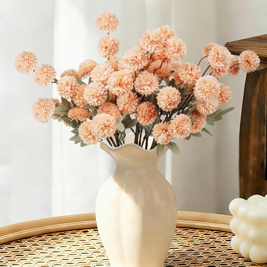 INQCMY Artificial Flowers 12pcs Ball Chrysanthemums for Weddings Silk with Stemsdiy Champagne Bouquets Indoor and Outdoor Decoration Kitchen Table Decor (Light Orange)