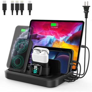 seenda Wireless Charging Station for Multiple Devices - 6 in 1 USB Charging Dock Built-in AC Adapter with 10W Max Wireless Charger Stand and 5 USB Ports for iPhone, iPad, Android, Apple Watch, AirPods