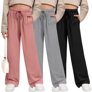 3 Pack Girls' Wide Leg Sweatpants Kids Summer Joggers Drawstring Open Bottom Teens Casual Fall Pants with Pockets (Large, Coral Pink, Light Gray, Black)