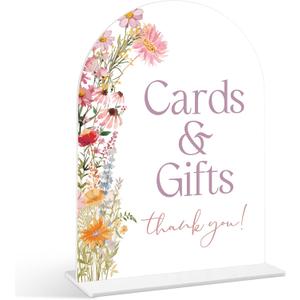 Cards and Gifts Sign - Wildflower Baby Shower Sign, 1 Pack Arch Acrylic Sign with Stand, Gender Reveal Party Table Decor, Floral Baby Shower Supplies (SE44)