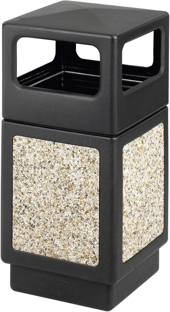 Safco Canmeleon Trash Can, 38 Gallons, Indoor and Outdoor Use, Durable & Weather-Resistant Commercial Garbage Can with Stone Panels, Black
