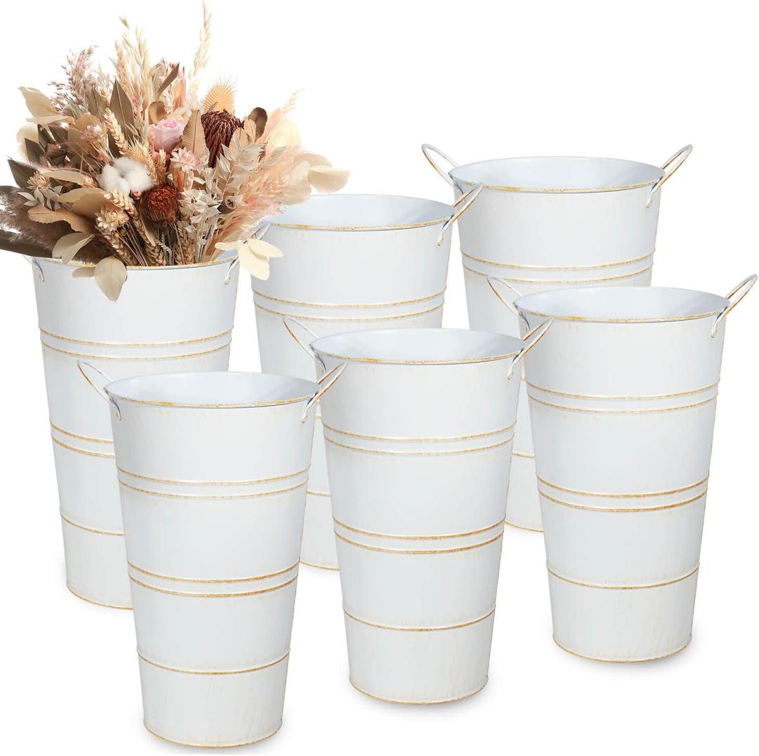 vensovo 12 Inch Galvanized Metal Vases for Flowers - 5 Pcs Farmhouse Decorative Tall Flower Bucket with Handles, Rustic French Tin Planter Buckets for Wedding Decor (White)