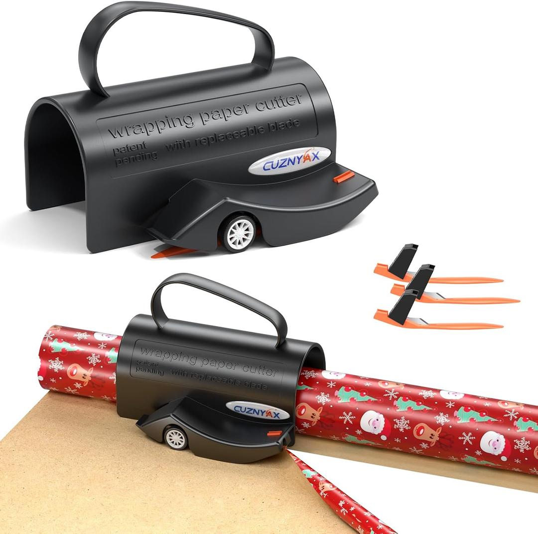 Wrapping Paper Cutter with Handle Gift Wrap Cutter for Christmas Paper Rolls, 3 Replaceable Blades for Smooth & Straight Cuts, Easy Paper Cutting Tool for Holidays (Black)