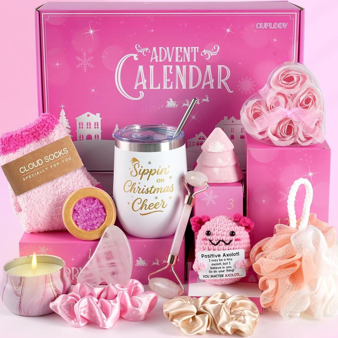 Spa Advent Calendar 2025 Adult Women Teen Girls - Christmas Bath Advent Calendar for Mom, Wife, Girlfriend, Sister, Her - Pink Spa Gifts Basket Set with Mugs, Bath Bomb, Shower Steamer, Candle & Relaxing GuaSha Tools