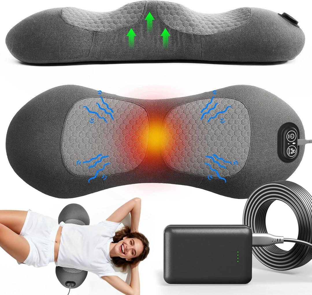 Upgraded 3-in-1 Portable Lumbar Pillow for Back Relief, Smooth Spine Triple Fusion Back Massager with Stretch, Vibration & Heat, Includes 5000mAh Power Bank for Deep Relaxation on Bed, Sofa & Car