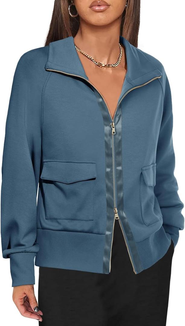 Fisoew Women's Zip up Sweatshirt Collared Neck Long Sleeve Loose Casual Lightweight Jacket with Pockets (Medium, Blue)