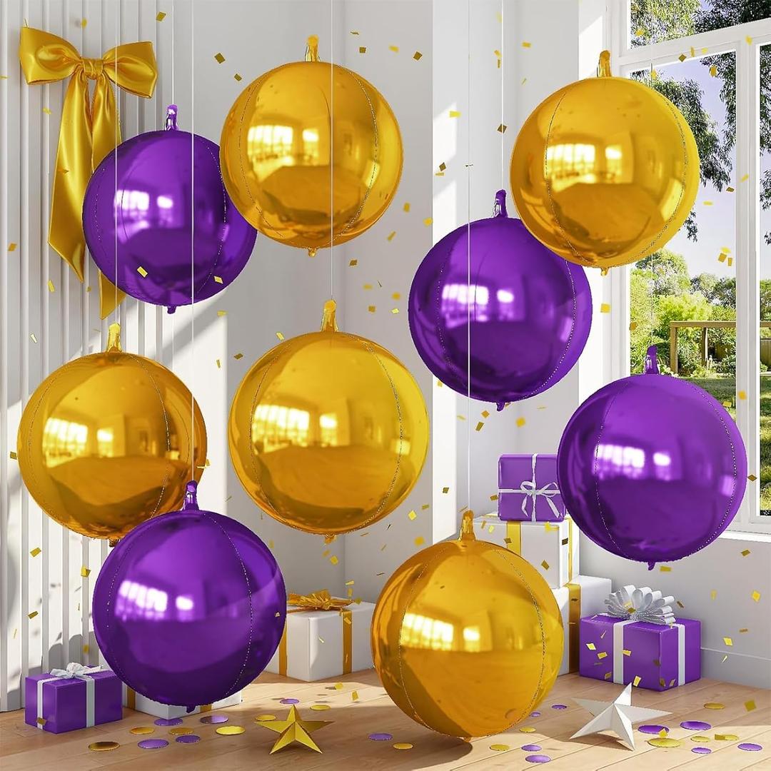 9 Pcs Purple Gold Round Foil Balloons Dark Purple Metallic Gold Chrome 4D Ball Balloons 22 In Orbz Mylar Balloon for Graduation Grad Birthday Wedding Anniversary Disco Party Decorations