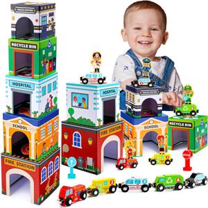 Baby Stacking Toys for Toddlers, Magnetic Wooden Cars & Garage Sorting Community Helpers Preschool Educational Learning Montessori Toys Birthday Gifts for Kids Number Blocks Nesting Boxes