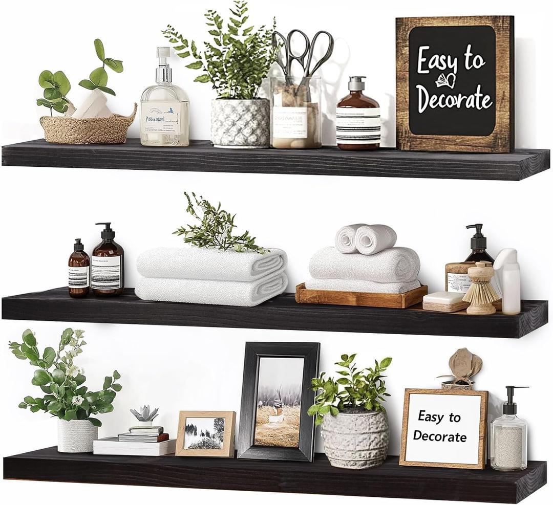 24x5.8x0.8in Floating Wall Shelves Rustic Solid Wood 3-Pack, Black, 24"-Set of 3
