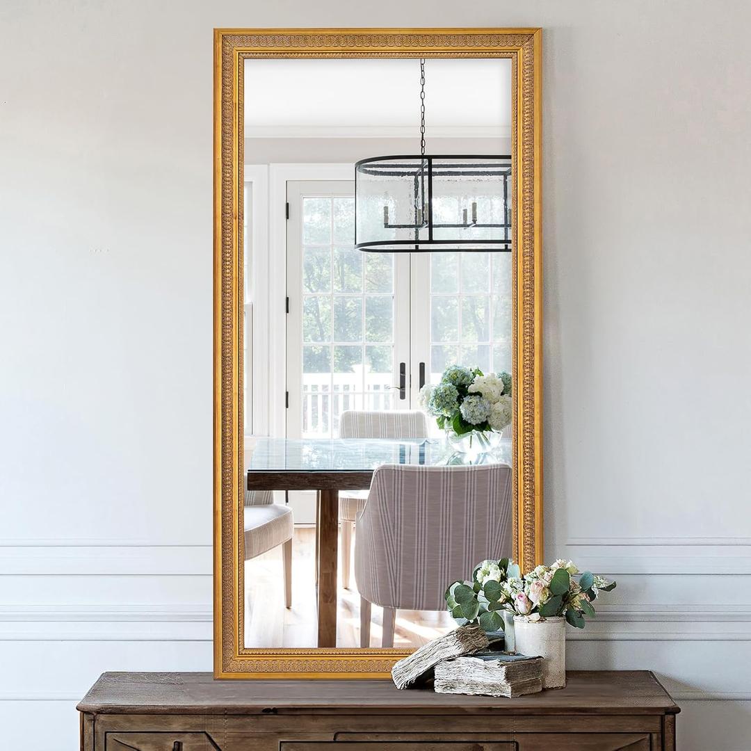 Chende Large Gold Mirror, 52.4''x29'' Antique Decorative Mirrors for Wall with Leaves Wood Frame, Rectangle Ornate Mirror for Living Room, Bathroom, Dining Room, Entryway