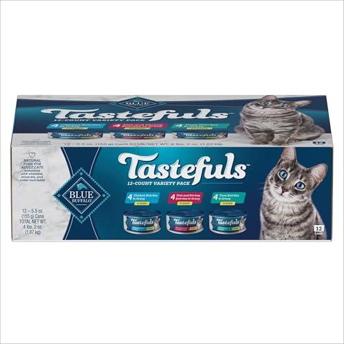 Blue Buffalo Tastefuls Natural Flaked Wet Cat Food Variety Pack, Tuna, Chicken and Fish & Shrimp Entrées in Gravy 5.5-oz Cans (12 Count - 4 of Each) Best By: MAR/04/2028