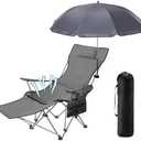 2 Pack Karenhi Beach Camping Chair with Umbrella for Adult Folding Reclining Camping Chair with Foot Rest Adjustable Clamp Canopy Shade for Outdoor Patio Beach Travel(Black)