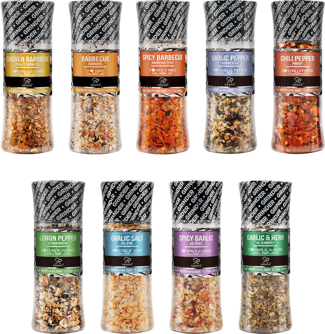 Soeos Spice Seasoning Set of 9 with Integrated Grinders, Individual Spice Grinder, Pure and Fresh Perfect for BBQ Seasoning Gift Set, Grilling Spice, Pepper Grinder,colorful, 16.28 Ounce (Pack of 1)