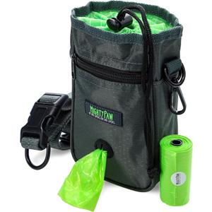 Mighty Paw Dog Treat Bag - Drawstring Closure Pouch - Includes Carabiner Hook and Pick-up Bags - Dog Paw Treat Bag - Pet Training Pouch - (Grey/Green)