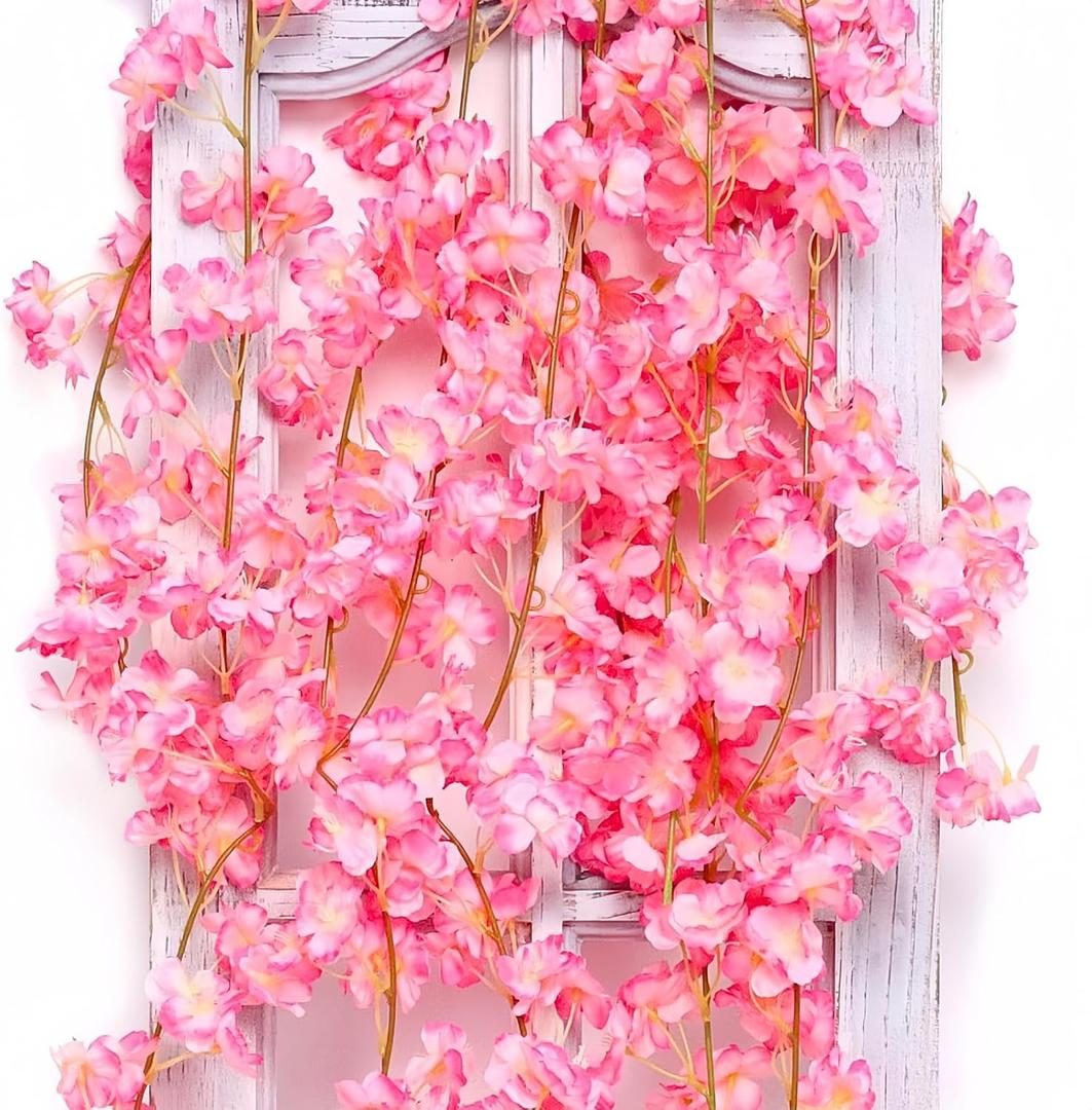ASTRYAS 2Packs Artificial Cherry Blossom Flower Vines Pink Artificial Flower Garland Vines Silk Hanging Sakura Garland for Wedding Garden Arch Wall Home Party Japanese Kawaii Decor (Deep Pink)