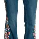 AULKEEP Women Embroidery Bell Bottom Jeans Slim Washed Floral Graphic Blue Jean Casual High Waist Pants (3XL)