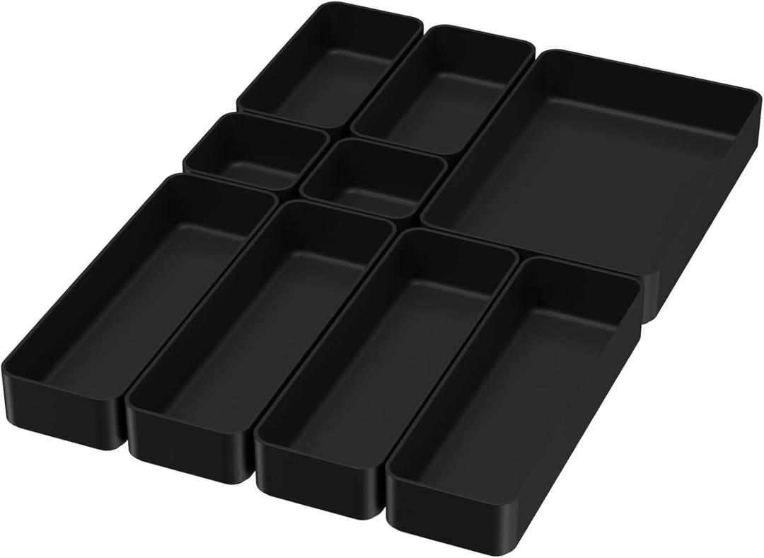 9 Pcs Stackable Drawer Organizer Trays Set, Multifunctional Stackable Storage Trays for Vanity, Bathroom, Kitchen, Desk Drawer Organizer Office. Plastic Drawer Organizers, Black
