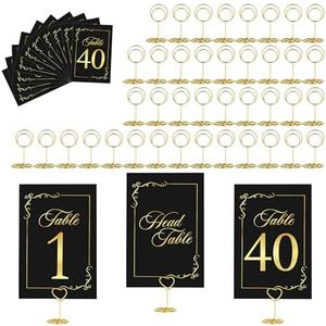 JOYIT 41 Sets Wedding Table Number 1-40 and Head Table Card with 41 Pcs Table Number Holders, Black Gold Table Number Cards with Place Card Holders, 4" X 6" Table Numbers Card for Wedding Reception