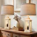 BOBOMOMO 23.75" Antique White Farmhouse Table Lamps Set of 2  Vintage Nightstand Lamps with 3 Way Dimmable Touch Control Night Light & USB A+C Ports, Rustic Lamps for Bedroom, Living Room, Hallway
