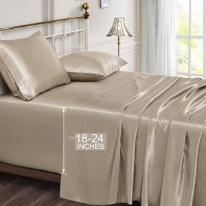 Vonty Satin Sheets Extra Deep Pocket King Size Sheets Cooling & Silky Satin King Sheets Set with 18-24 Inch Deep Pocket, Taupe Satin Bed Sheets Fit Up to 24" Deep Matress 4 Piece
