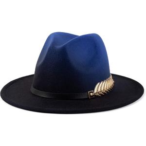 Gossifan Women Gradient Color Fedora Wide Brim Felt Panama Hat with Belt Buckle (Medium, Royal Blue/Black)