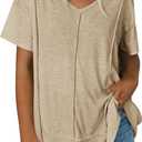 Tankaneo Womens Oversized Tshirts Knit V Neck Short Sleeve Tunic Tops Summer Casual Loose Fit Tee Shirts (L)