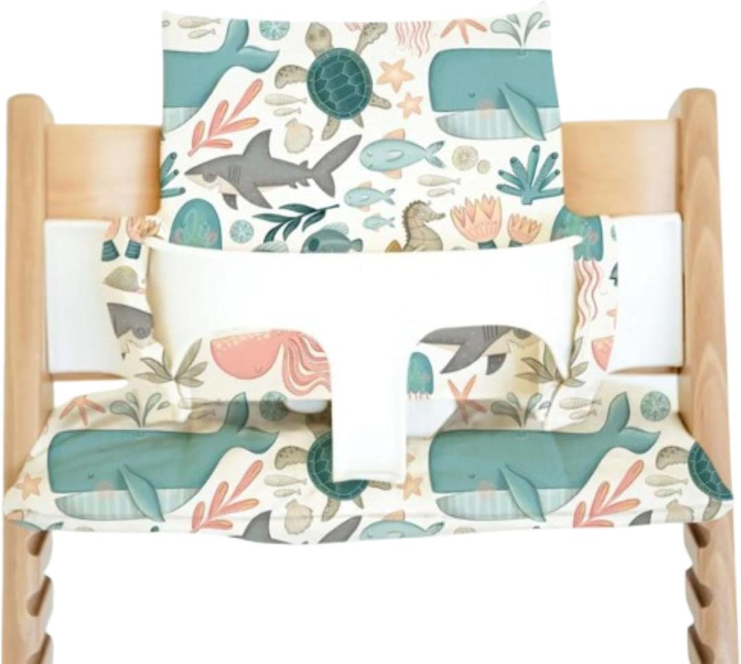 Nibble and Rest Cushion for Stokke Tripp Trapp High Chairs, Soft Padded Seat & Backrest, Baby Set Compatible, Wipeable, Machine Washable, Easy to Clean, Stylish Print (Under The Sea)