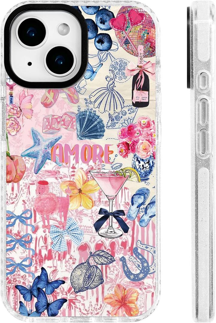 For iPhone 13 mini Case [Military-Grade Drop Protection/Luxurious Soft TPU Protective/Camera Protection/for Women & Girls]-Whimsical Romantic Pink Party Collage with Glam Disco & Bow