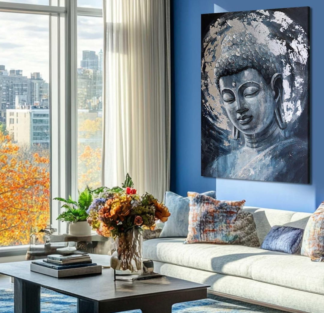 MLART99 Blue Buddha Wall Art Bedroom Workart Textured Painting Picture Canvas Art for Living Room Dining Room White Wall Prints 24"x 36"