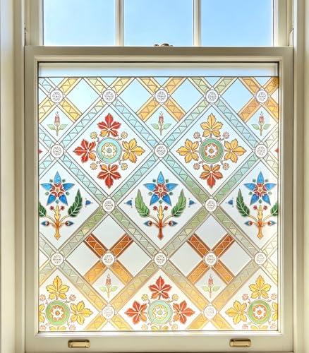 Coavas Stained Glass Window Film Decorative Privacy Cling for Home Bathroom & Front Door, 3D Floral Design, UV Blocking, Heat Control, Non-Adhesive, Reusable, Yellow, 23.6" x 35.4"