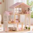 ROBUD Wooden Doll House for Girls，Dollhouse Kit with 6 Rooms & 37 Pcs Dollhouse Furnitrue Accessories, Pink Montessori Doll House for 3+, WDH22