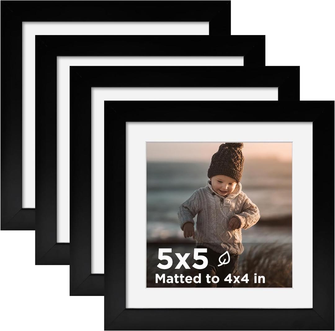 KINLINK 5x5 Picture Frame Black Set of 4, Wooden Square Photo Frames Matted 4x4 with Plexiglass for 4x4 with Mat or 5x5 without Mat for Table and Wall Display