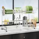 2 Tier Extra Large Stainless Steel Expandable Over The Sink Dish Drainer Drying Rack, Rust Proof Metal, Space Saving, Modern Silver Big Capacity Extendable Plate Strainers Above Kitchen Counter
