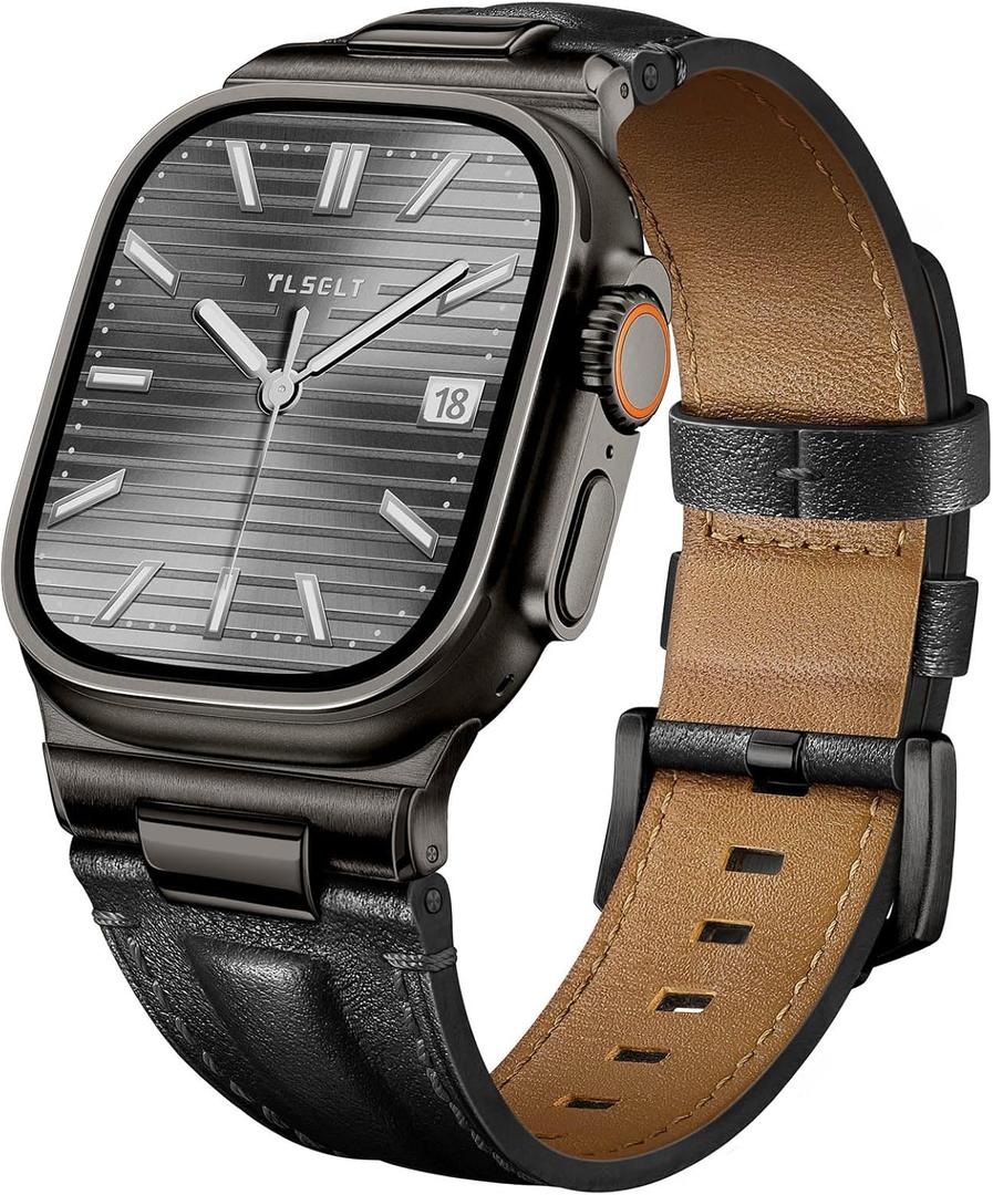 Leather Band for Apple Watch Ultra 3/Ultra 2 Bands 49mm 46mm 45mm 44mm, Top Genuine Leather Designer Replacement Strap for iWatch Ultra 3 2 1 SE series 11 10 9 8 7 6 5 4 3