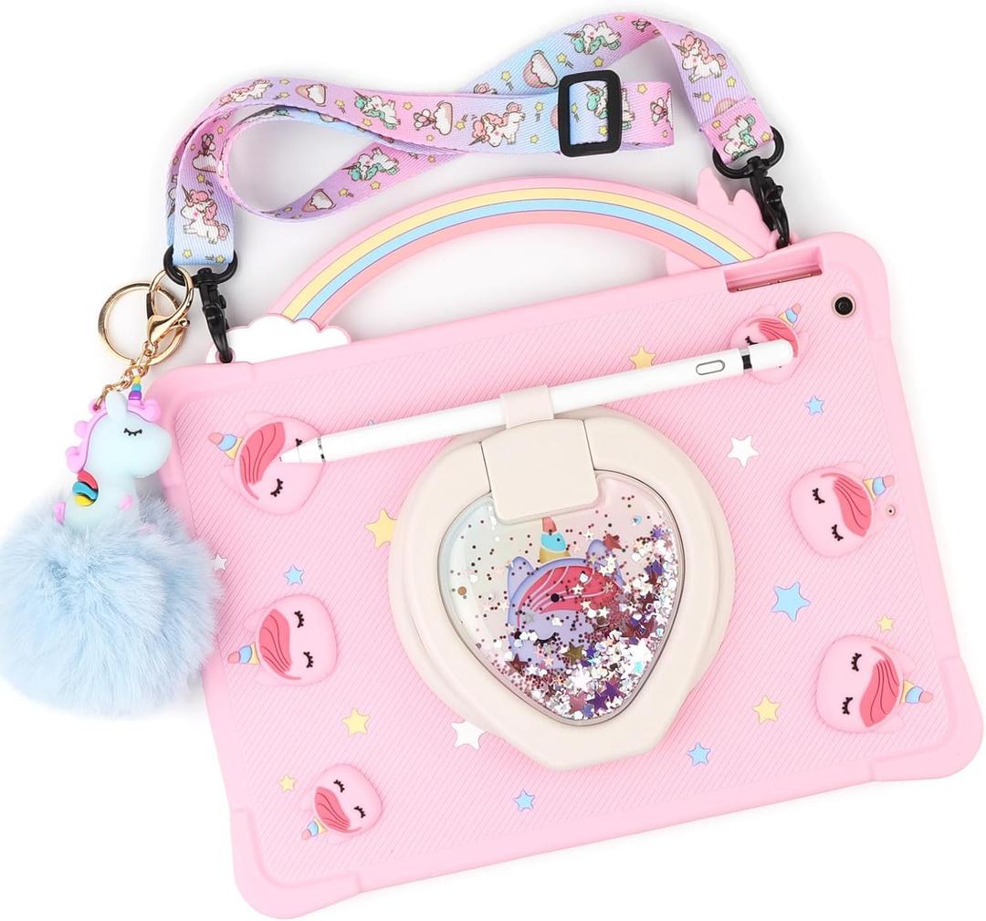 [Super Cute Rainbow Handle Unicorn Case] Compatible with Samsung Galaxy Tab A9 Plus Tablet 11'' 2023 (SM X210/X216/X218) Kids Pop it Case for with Rainbow Handle and 360 Rotating Stand - Pink