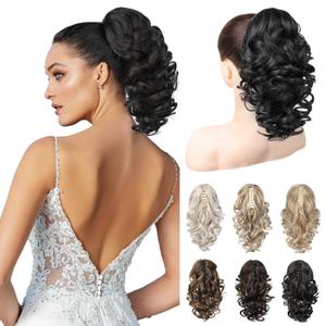 REECHO 12" Ponytail Extension, Classic Loose Curly Wavy Claw Clip Pony tails Hair Extensions Hairpieces for Women - Black