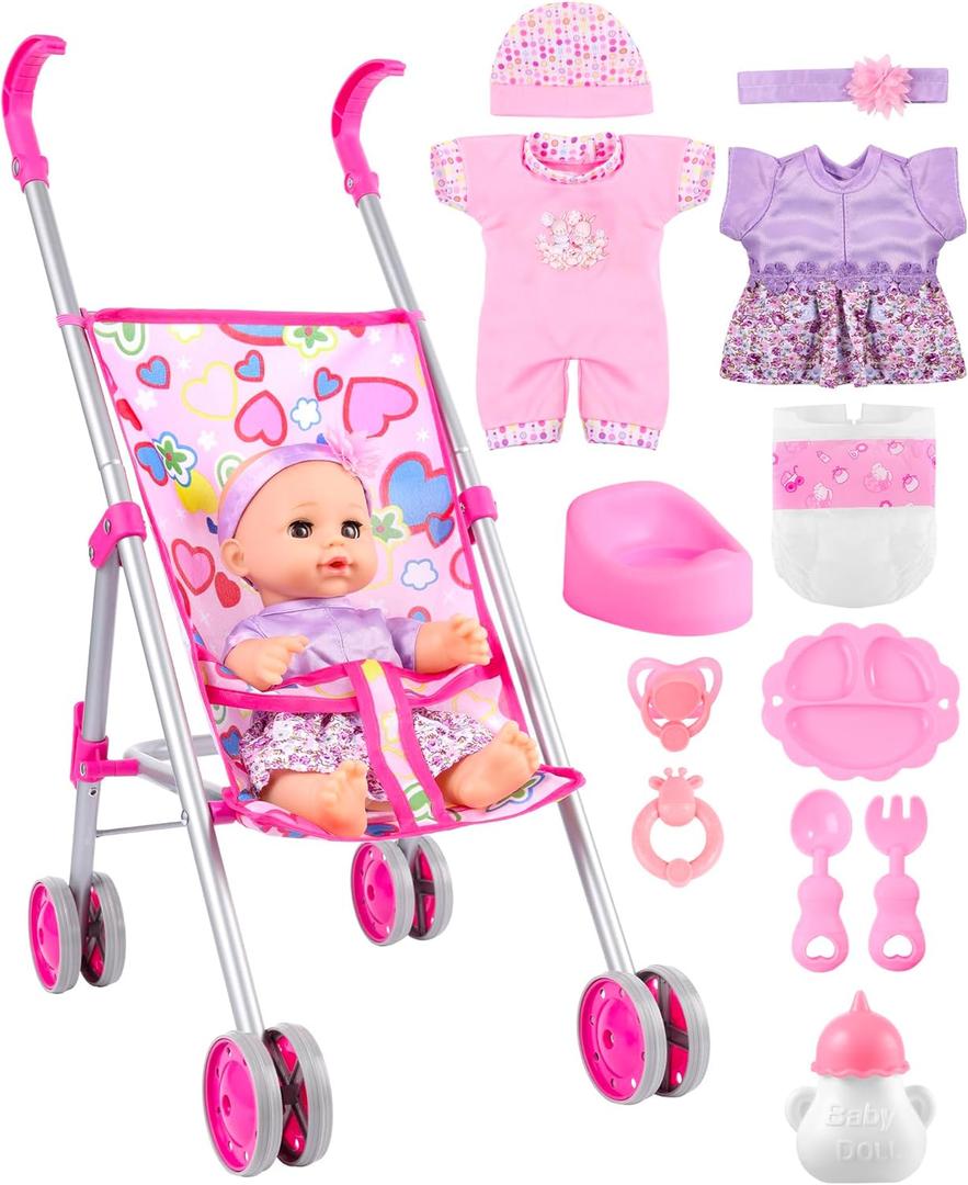 GAGAKU Baby Doll Stroller Playset with 12-inch Doll & Accessories, Foldable Lightweight Toy Stroller for Toddler Girls Kids Ages 1-6, 12" Baby Doll and Accessories Included