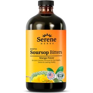 Serene Herbs Soursop Bitters Liquid with Soursop Leaves for Gut Cleanse, Detox & Immune Boost with Black Seed, Moringa, Irish Moss, Ashwaganda, Turmeric, 16 Fl Oz (Pack of 1), Mango