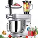 COOKLEE 6-IN-1 Stand Mixer, 8.5 Qt. Multifunctional Electric Kitchen Mixer with Beater, Whisk, Dough Hook, Meat Grinder and Other Accessories for Most Home Cooks, SM-1507BM, Silvery