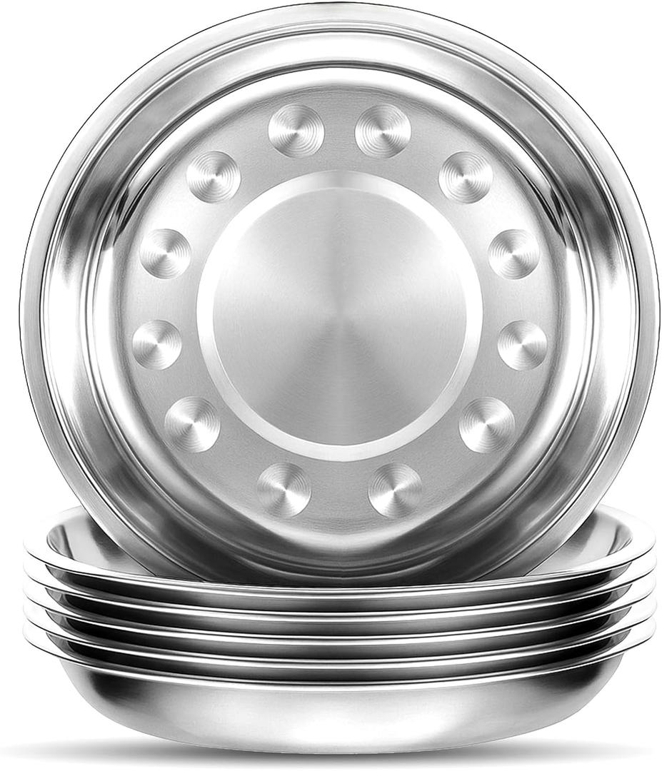 6 Pieces Stainless Steel Round Plates, 9 Inch Dinner Dishes, Feeding Serving Camping Plates for Home, Dishwasher Safe