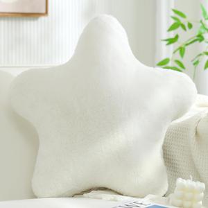 YRXRUS Star Pillows, White Star Shaped Pillow, Mother's Day Decorative Throw Pillow Gifts, Cute Plush Room Decor, Fluffy Faux Rabbit Fur 14"x14"Pillows for Living Bedroom