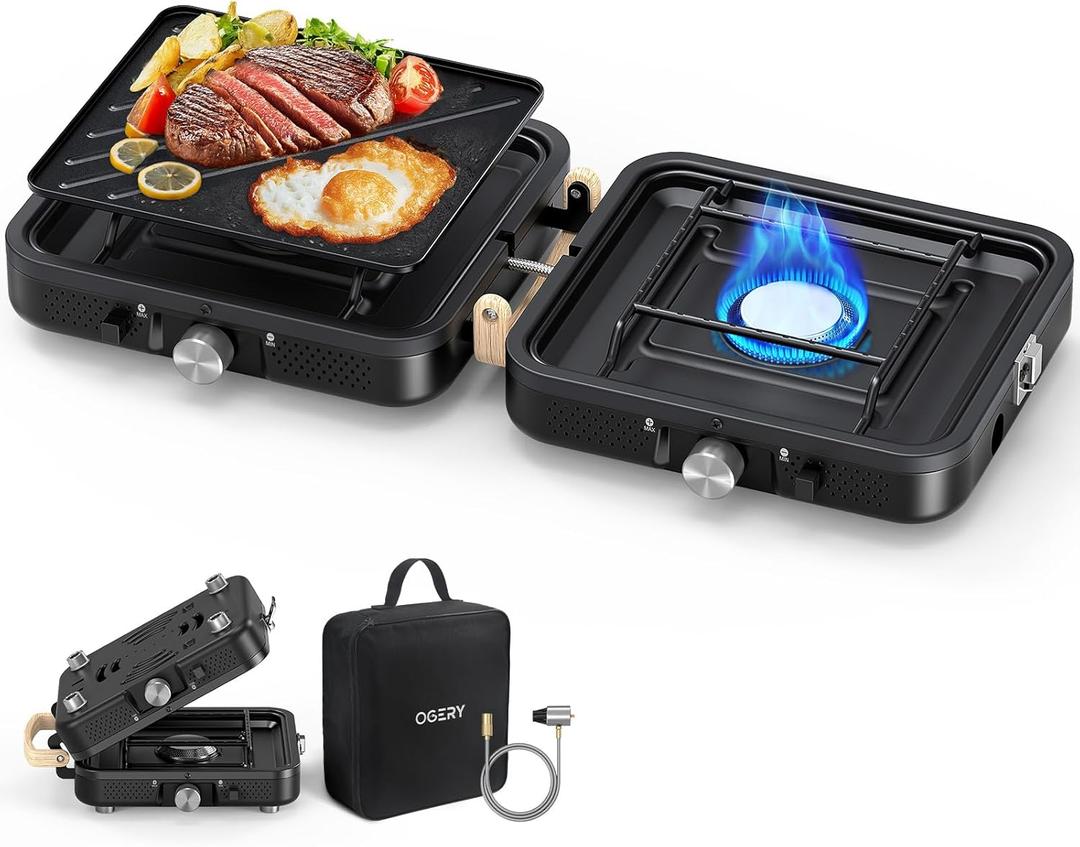 OGERY 2-Burner Foldable Camping Stove with Griddle (Textured & Smooth) and Carrying Bag, Portable Propane Camp Stove with 2 Adjustable Burners & Piezo Ignition, for Camping Tailgating Essentials Gear (Black)