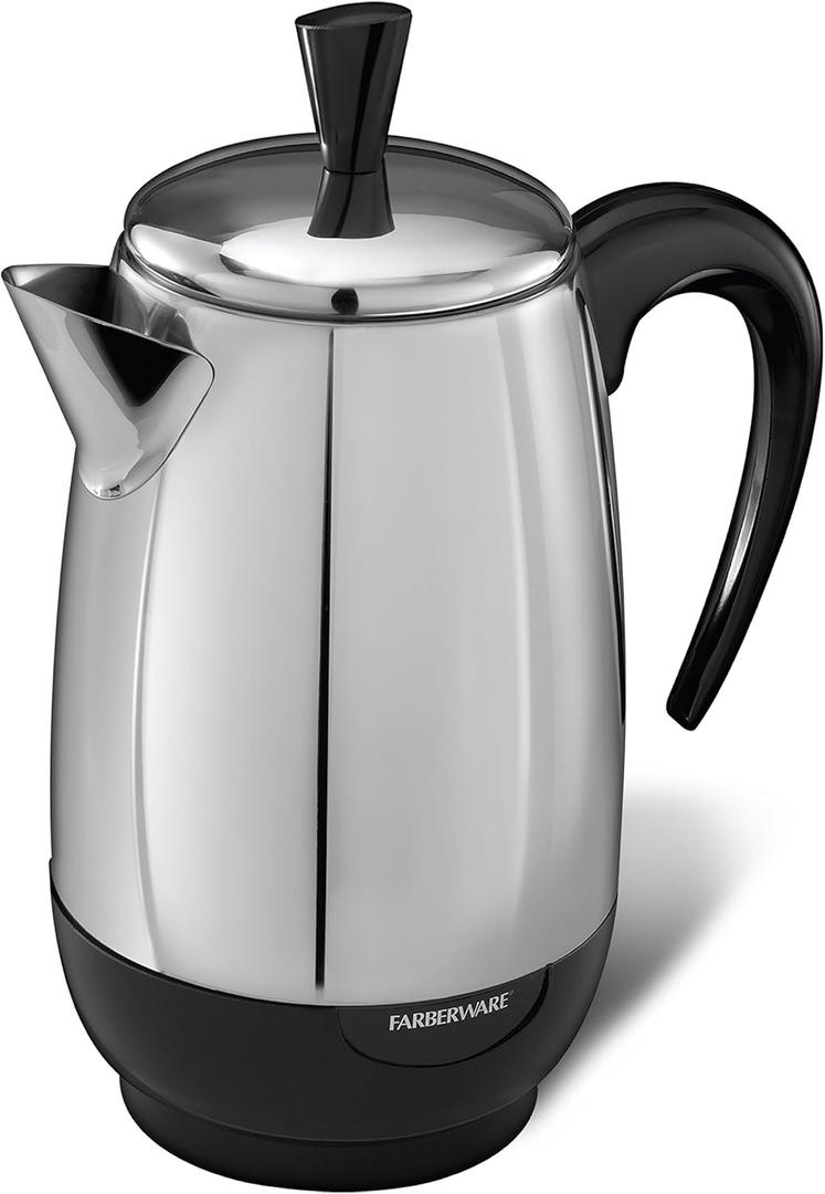 Farberware Electric Coffee Percolator, Stainless Steel Basket, Automatic Keep Warm, No-Drip Spout, 8 Cup