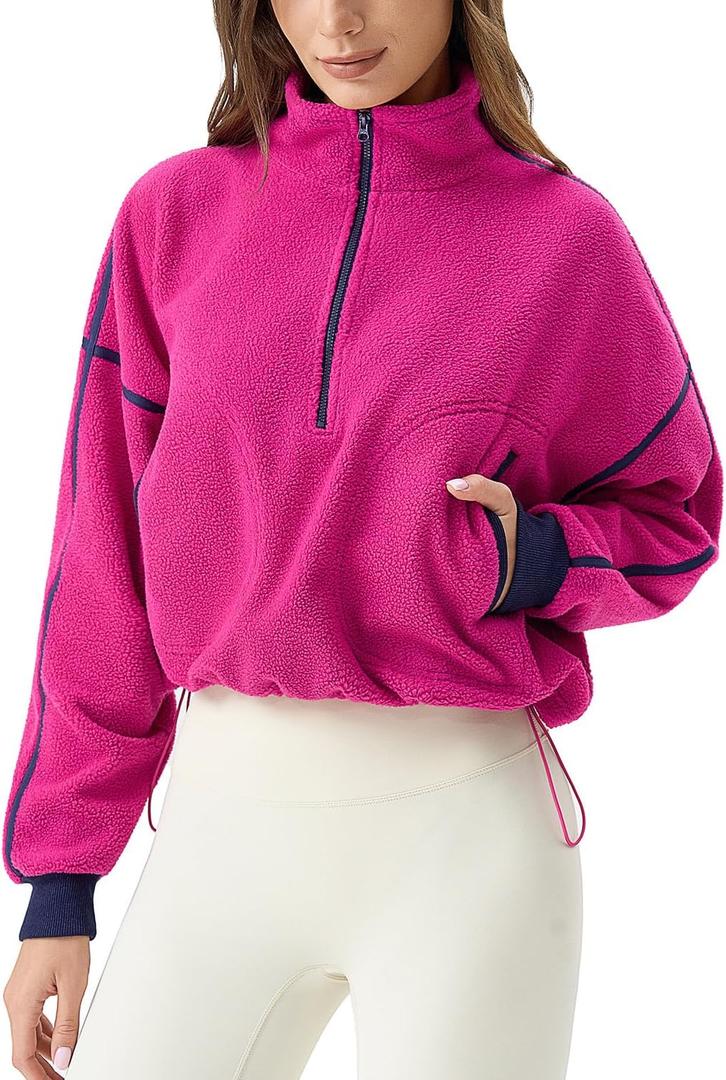 QINSEN Women's Half Zip Fleece Short Pullover Sweatshirt Winter Long Sleeve Cozy Sherpa Sweater Top (Pink, L)