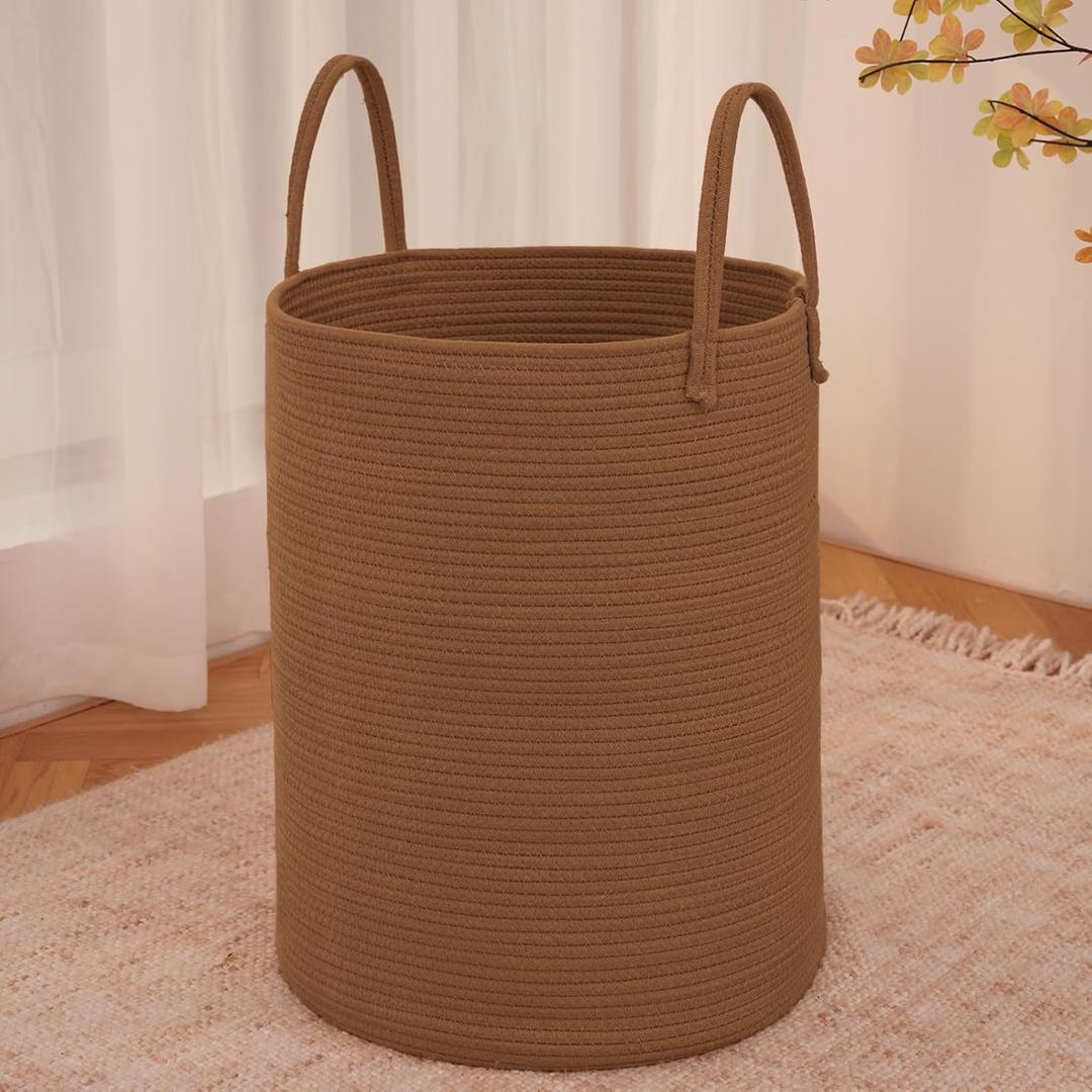 Large Woven Laundry Basket Hamper,80L Cotton Rope Storage Bin for Blankets,Toys and Clothes, Decorative Tall Nursery Hamper for Living Room,Baby Nursery,Bathroom and Bedroom,Golden Jute