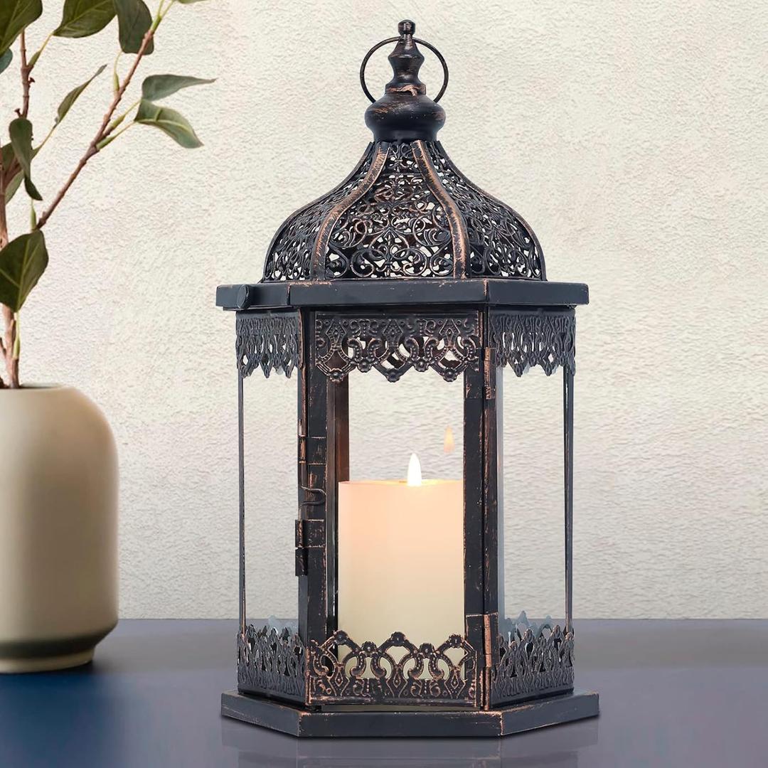 NEEDOMO Lanterns Decorative Indoor, 14.8'' Vintage Outdoor Lantern with Clear Glass, Metal Candle Holder for Front Porch, Patio, Wedding, Party, Home Kitchen Coffee Table Livinig Room Decor